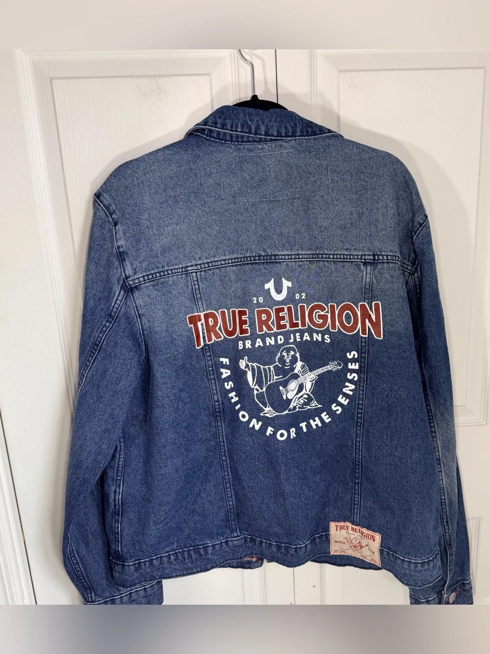 True Religion Men's Blue Denim Trucker Jacket with Red Stitching